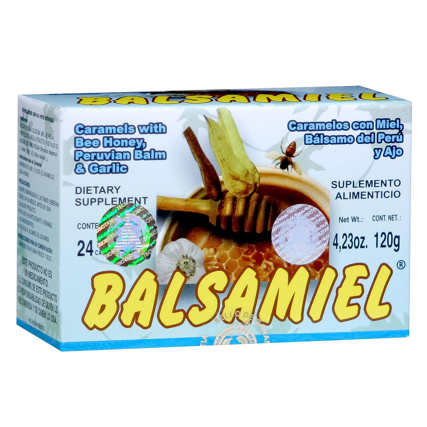 Caramelos BALSAMIEL ® miel, bálsamo del perú y ajo caja 24pz