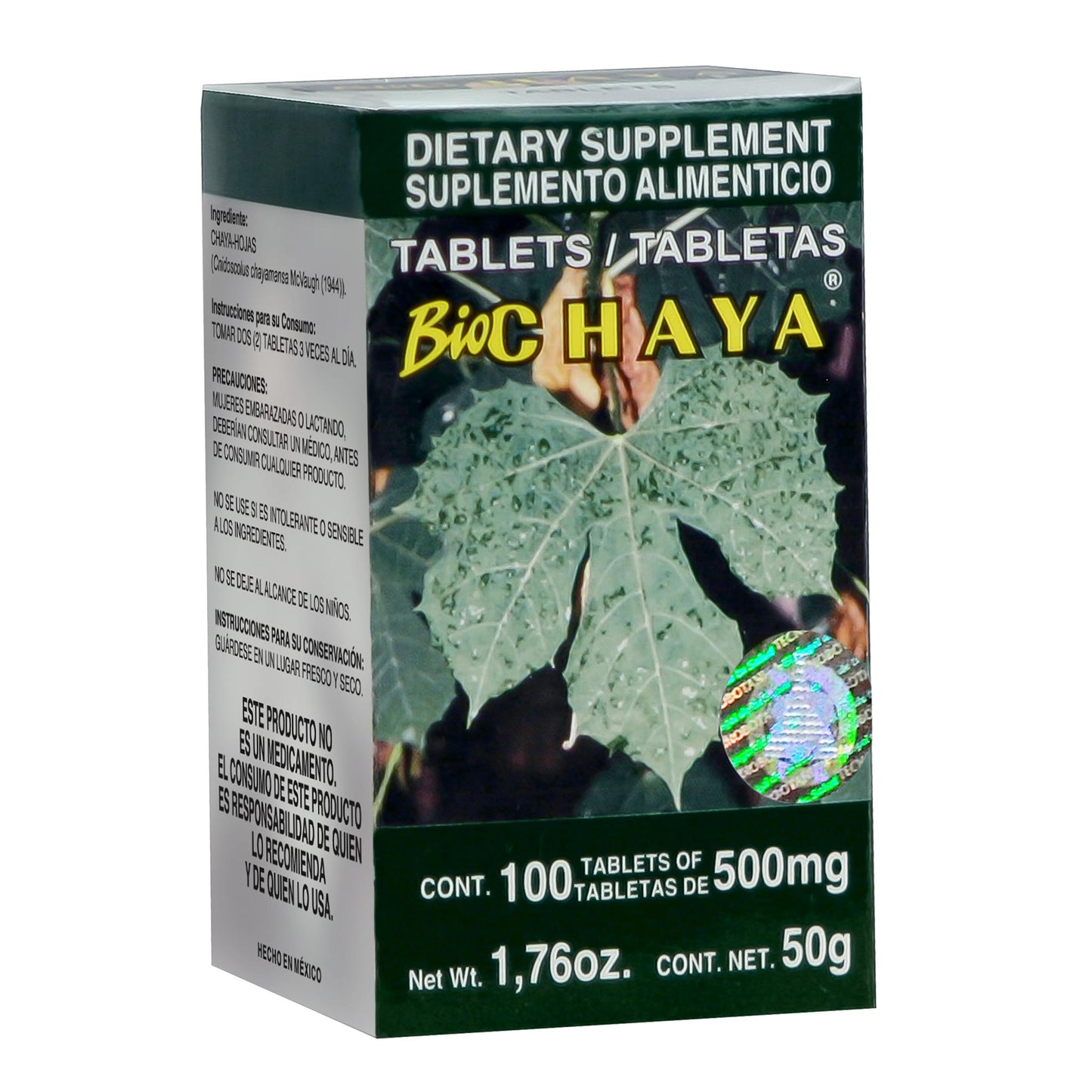 Tabletas BIOCHAYA ® hojas de chaya caja frasco 100