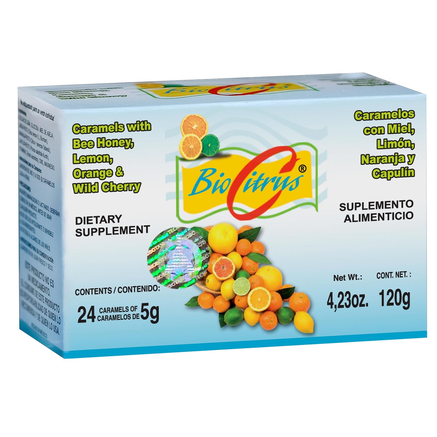 Caramelos BIOCITRUS ® miel, limón, naranja y capulin caja 24pz