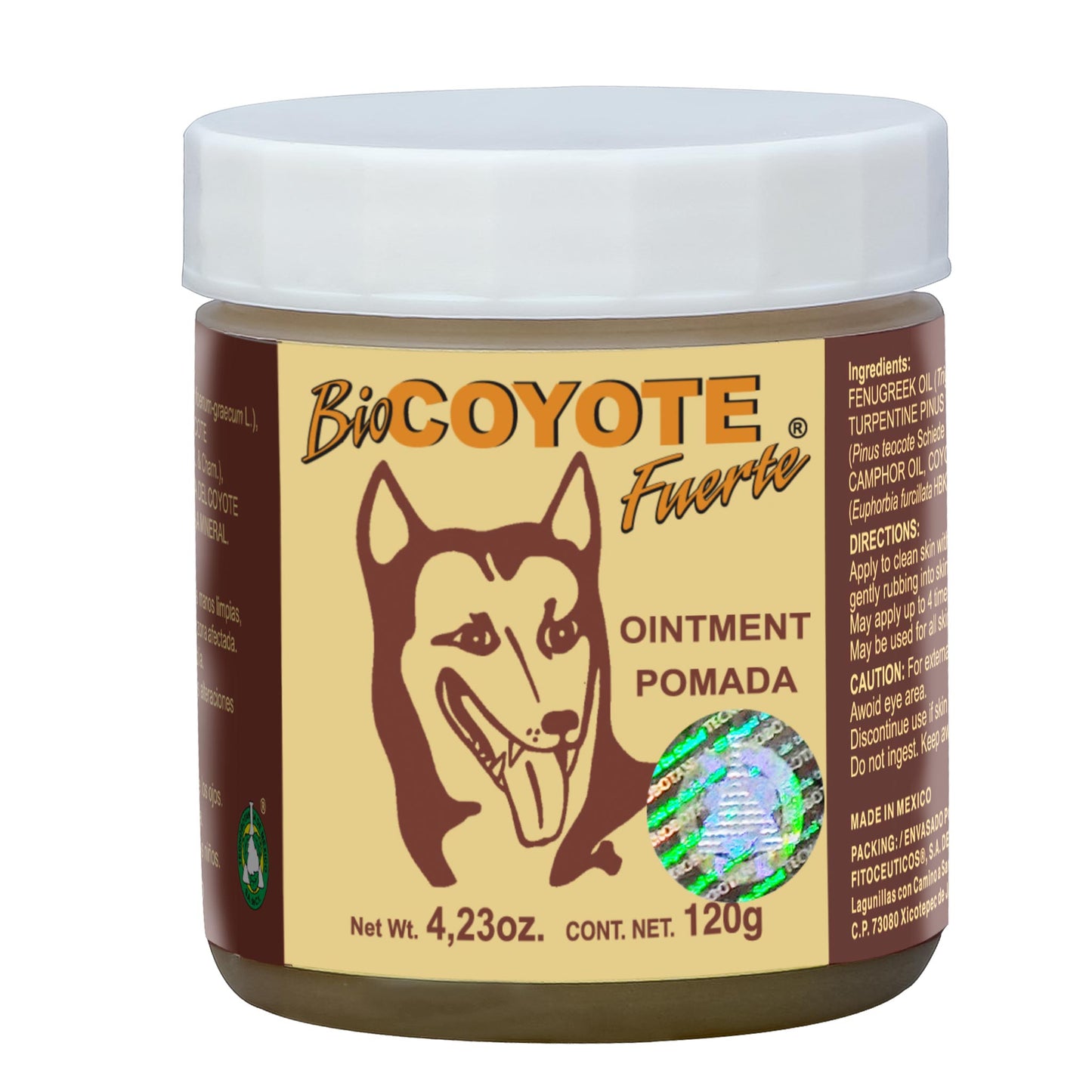 Pomada BIOCOYOTE FUERTE ® hierba de coyote con aceites de alholva y ocote tarro 120g
