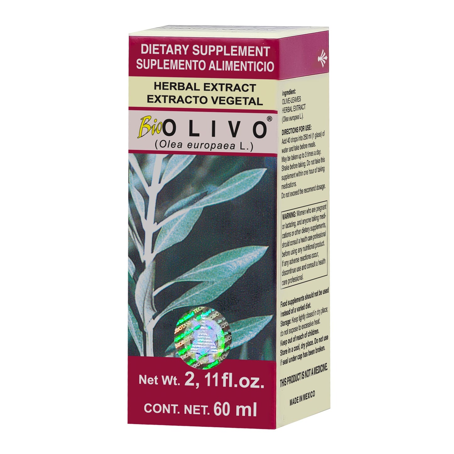 Extracto vegetal BIOOLIVO ® hojas de olivo caja frasco gotero 60ml