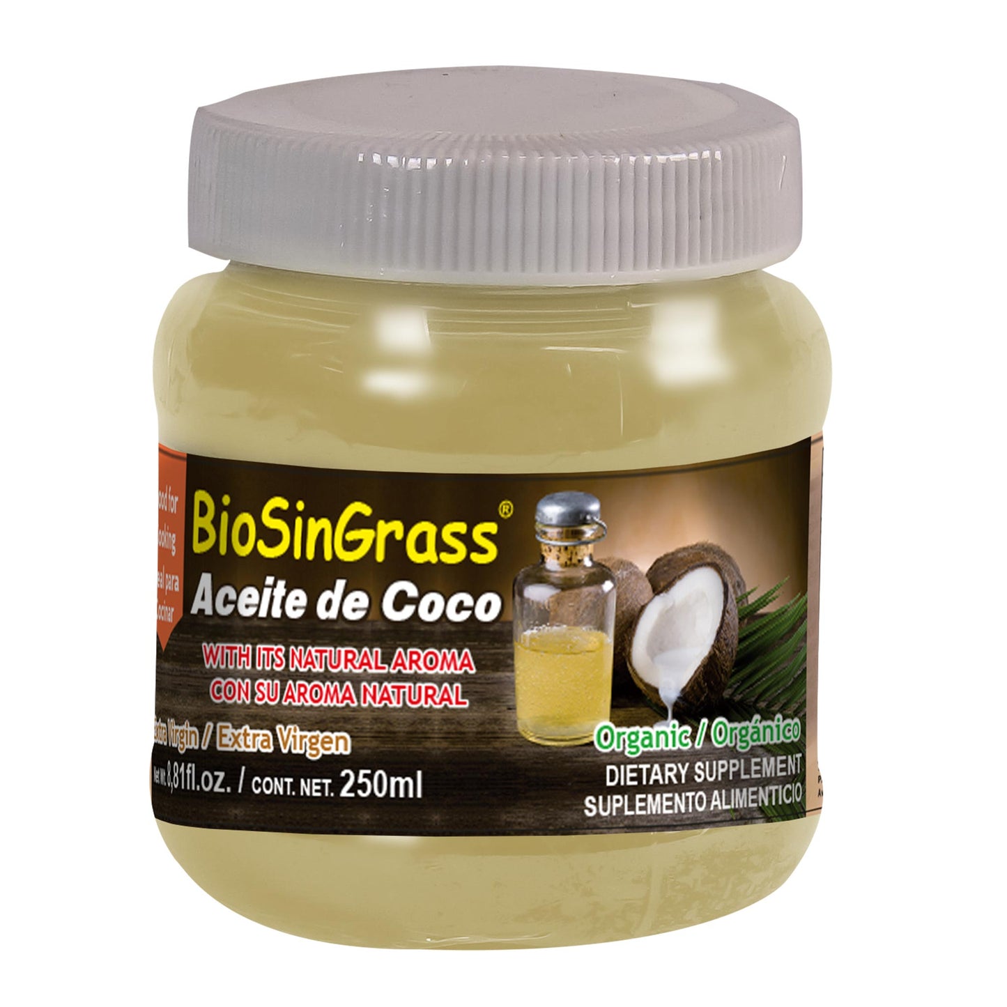 Aceite extra virgen BIOSINGRASS ® comestible coco aroma natural frasco 250ml