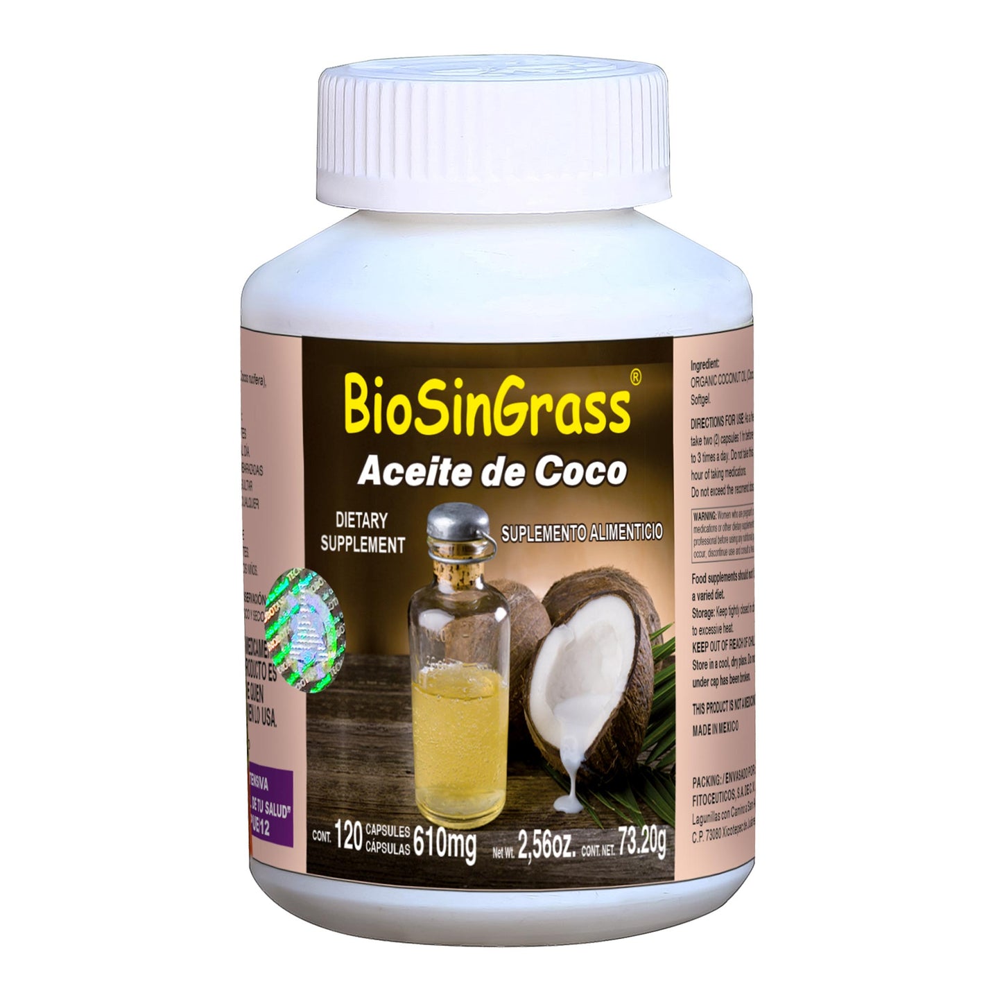 Cápsulas BIOSINGRASS ® aceite de coco caja frasco 120