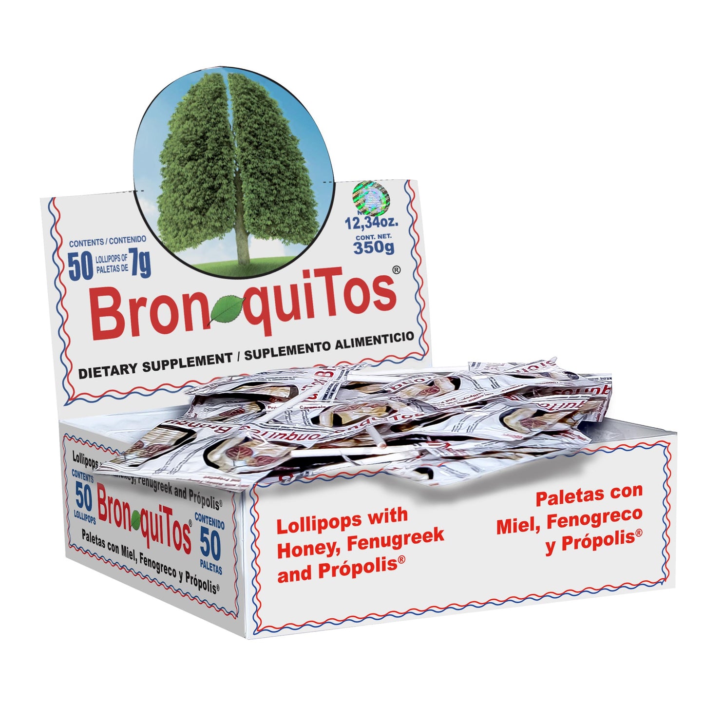 Paletas BRONQUITOS ® miel de abeja, eucalipto y semilla de fenogreco caja 50pz