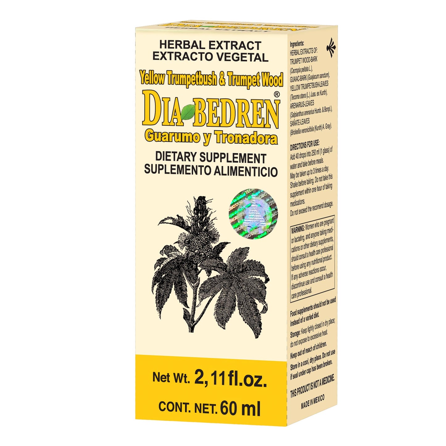 Extracto vegetal DIABEDREN ® guarumo y tronadora caja frasco gotero 60ml