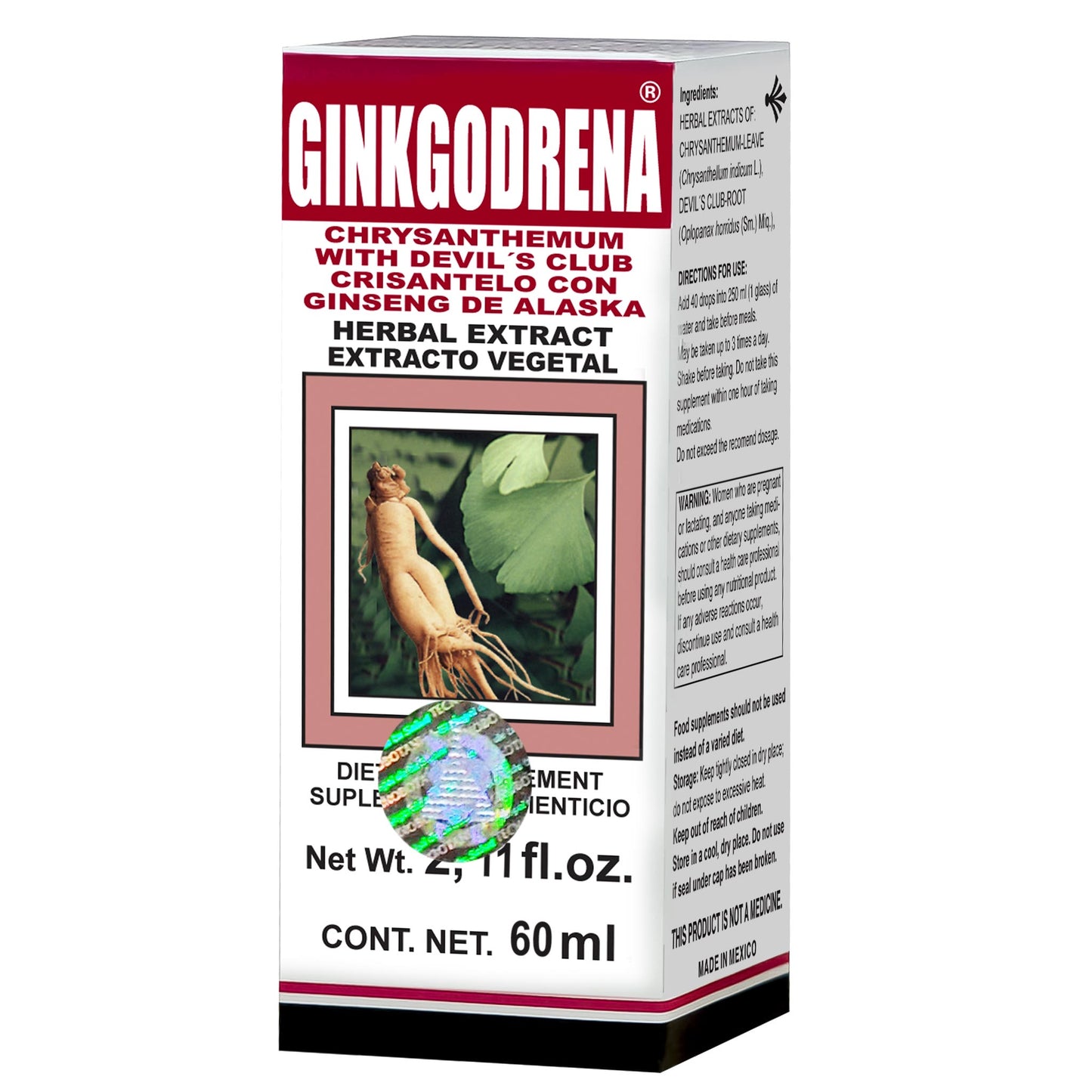 Extracto vegetal GINKGODRENA ® crisantelo y ginseng de alaska caja frasco gotero 60ml