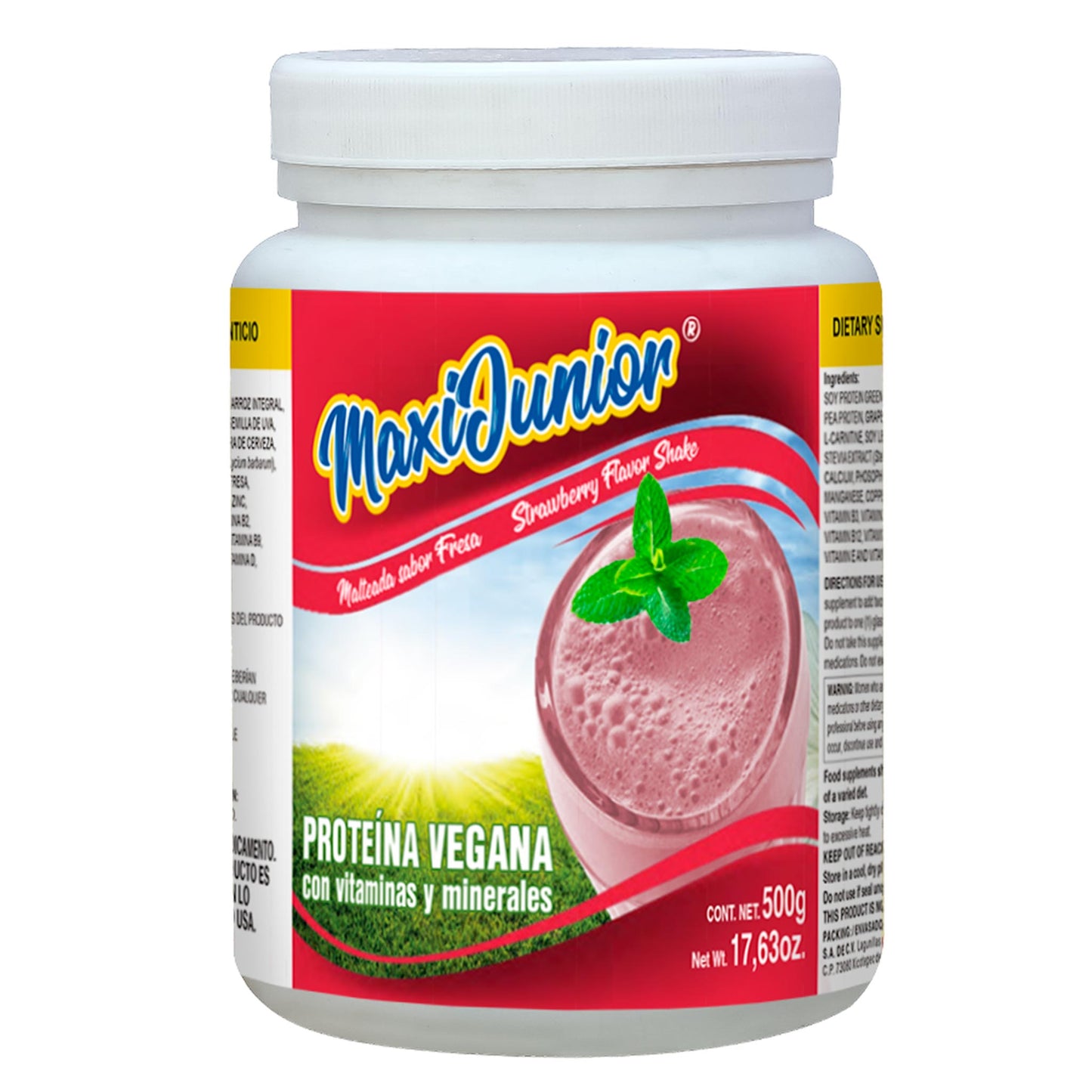 Polvo MAXIJUNIOR ® proteína vegana fresa bote 500g
