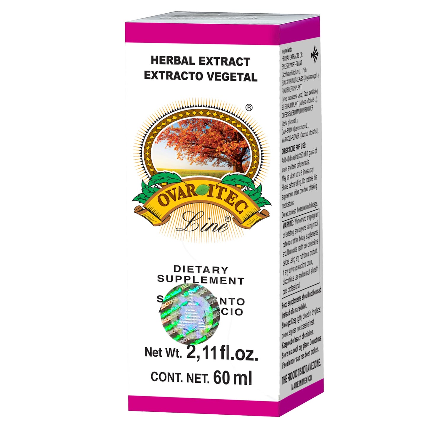 Extracto vegetal OVARITEC LINE ® milenrama, nogal de castilla y chichicaxtle caja frasco gotero 60ml
