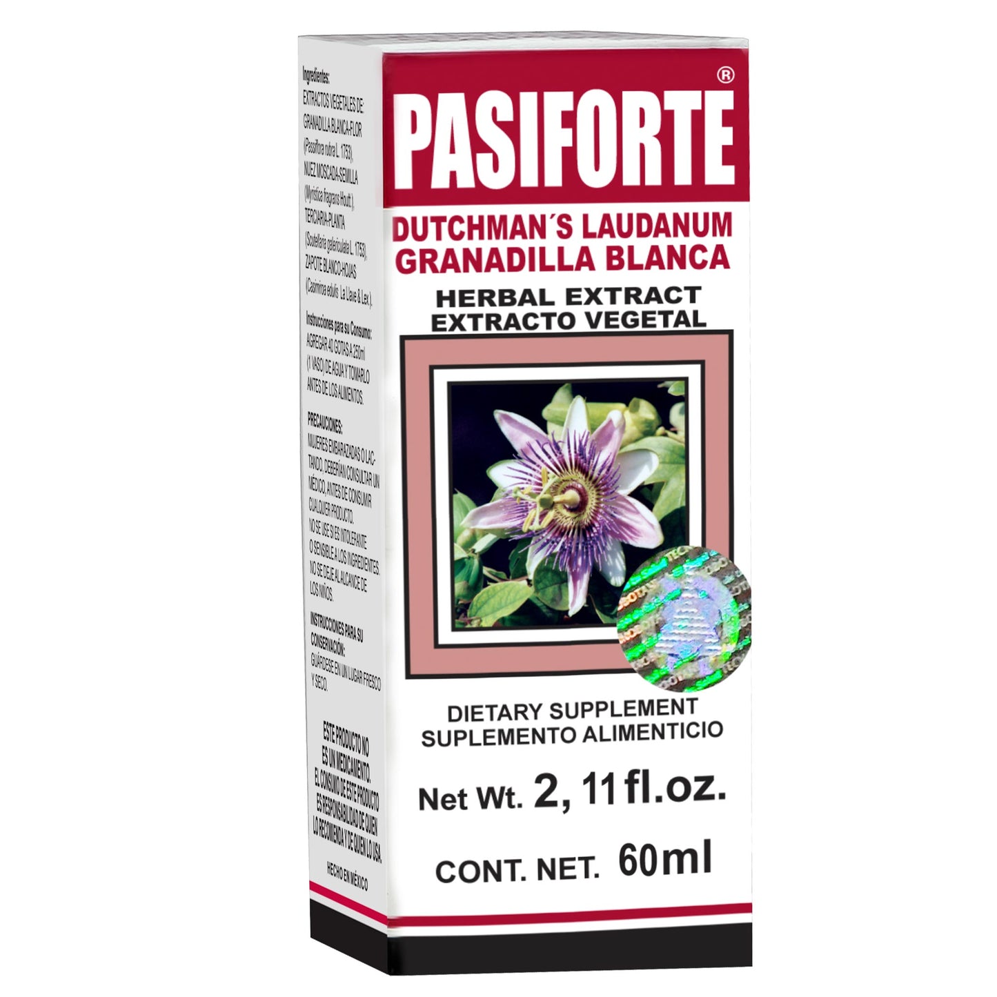 Extracto vegetal PASIFORTE ® granadilla blanca caja frasco gotero 60ml
