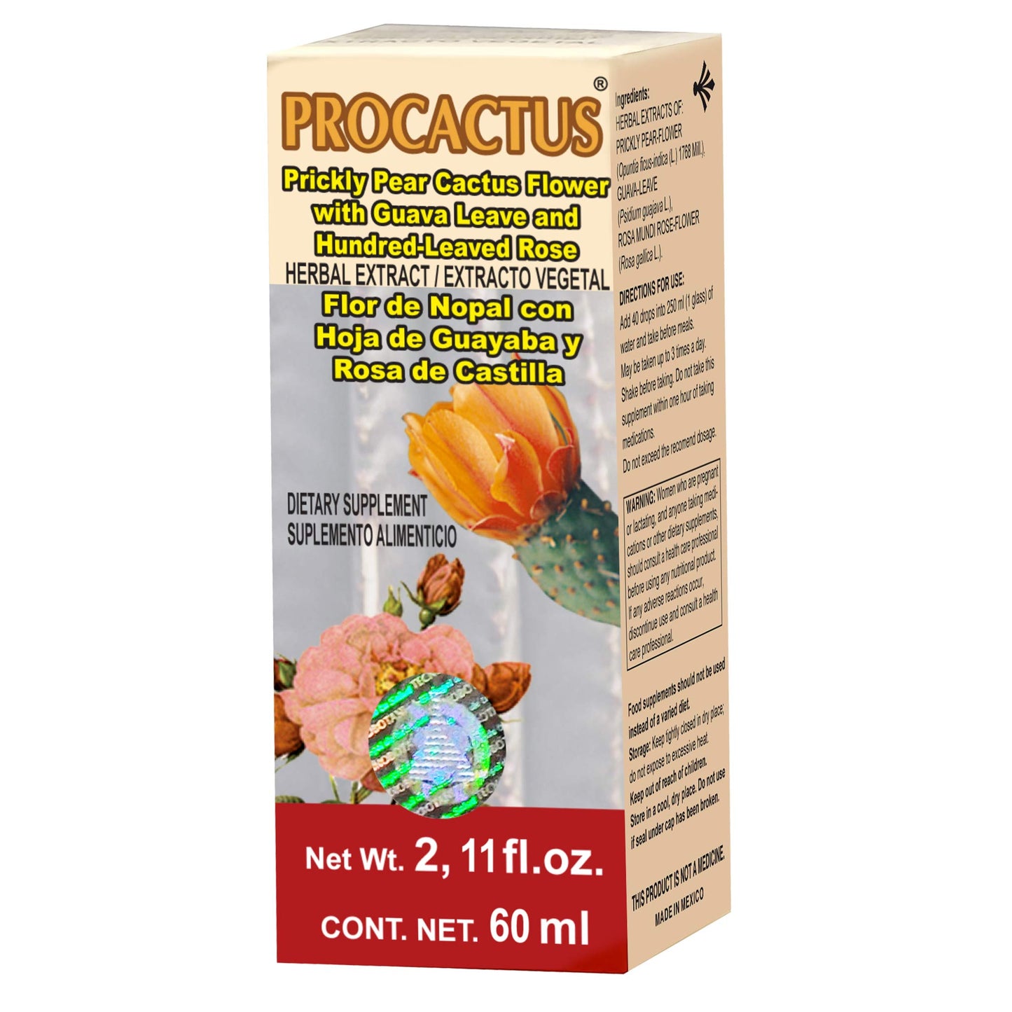Extracto vegetal PROCACTUS ® flor de nopal y rosa de castilla caja frasco gotero 75ml