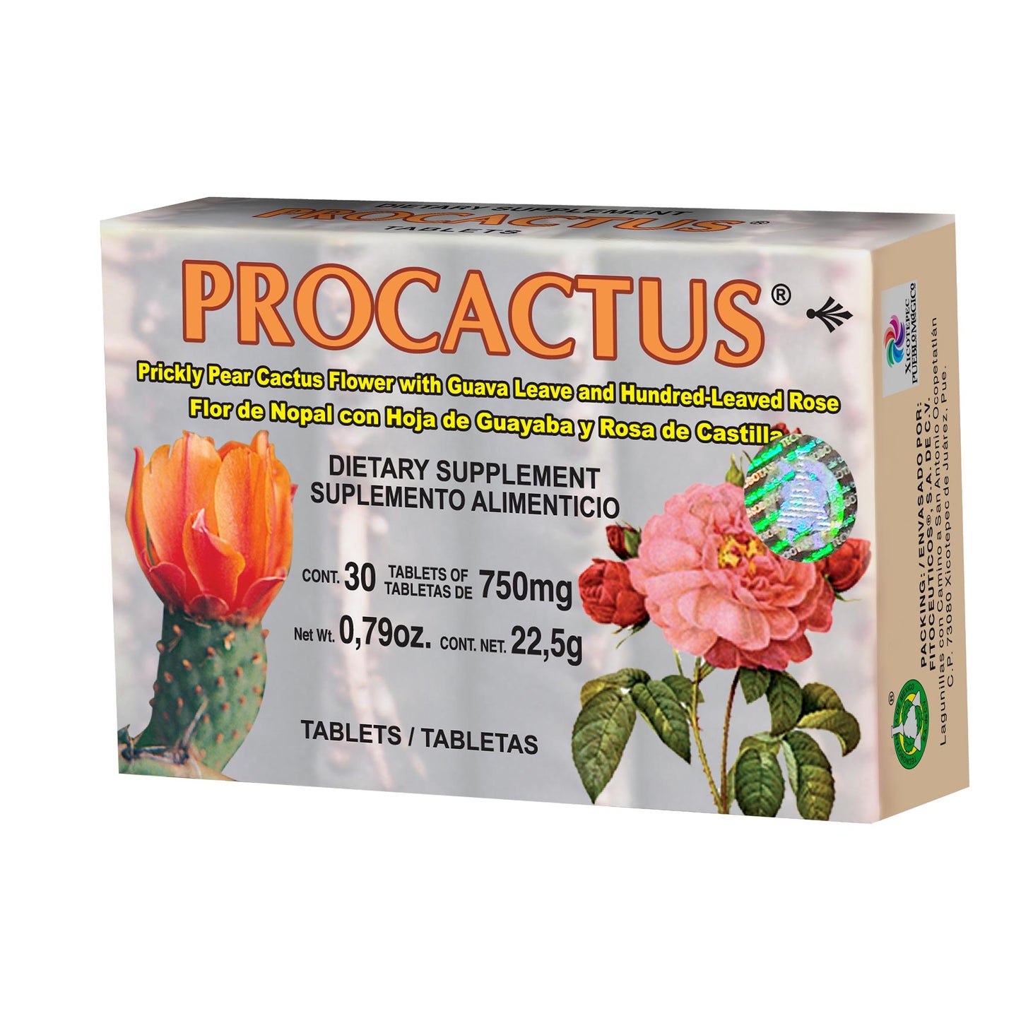 Tabletas PROCACTUS ® flor de nopal y rosa de castilla caja blister 30