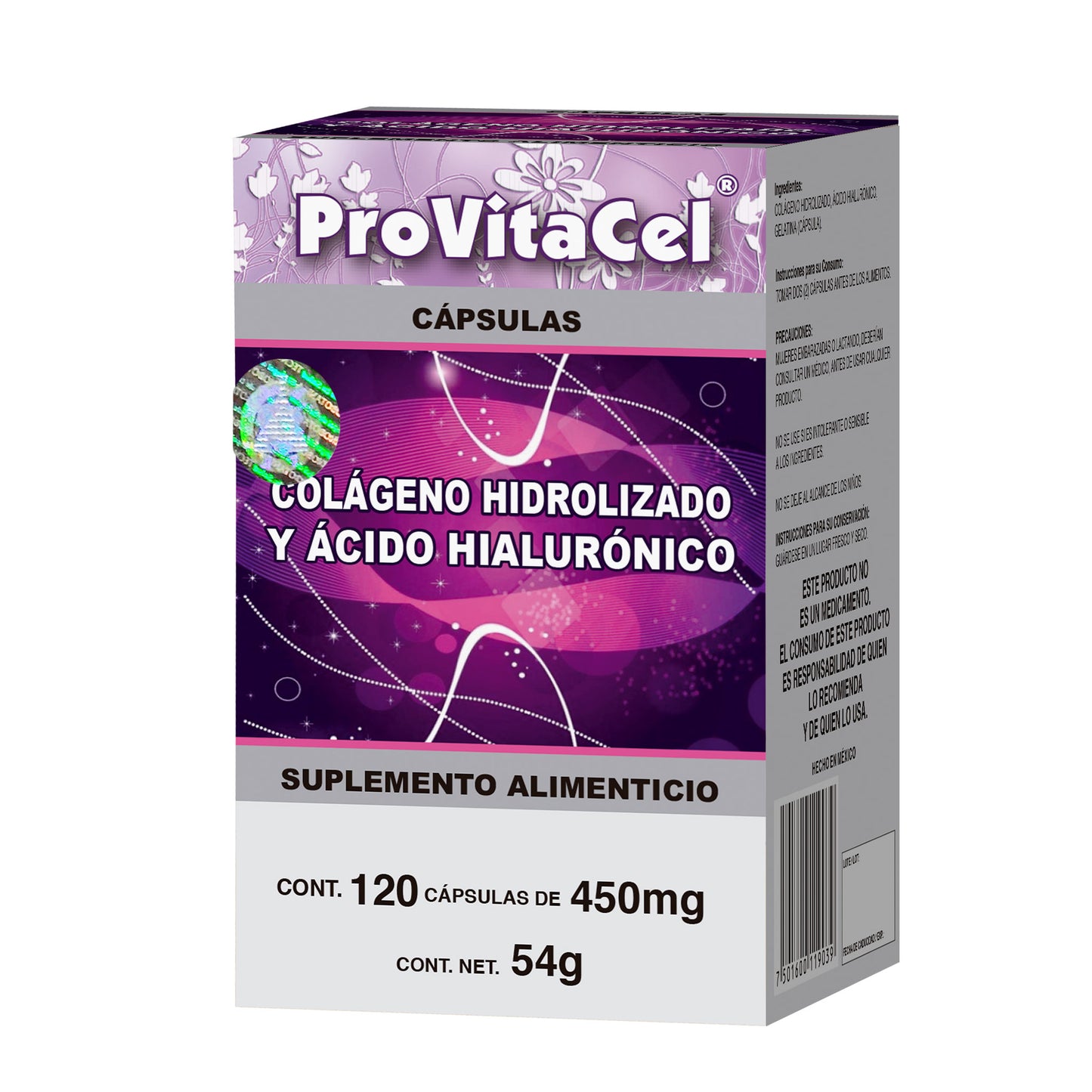 Cápsulas PROVITACEL ® colágeno hidrolizado y ácido hialurónico caja frasco 120