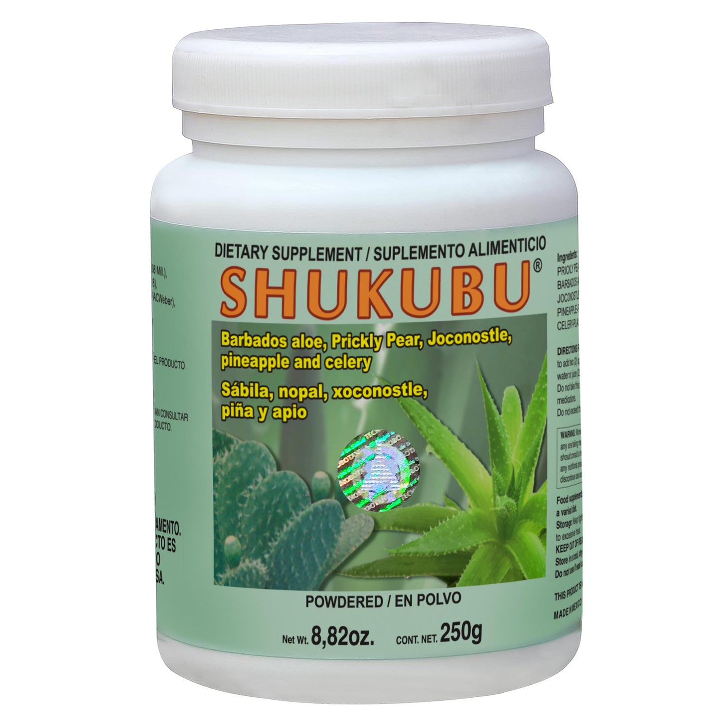 Polvo SHUKUBU ® sábila, nopal, xoostle, piña y apio frasco 250g