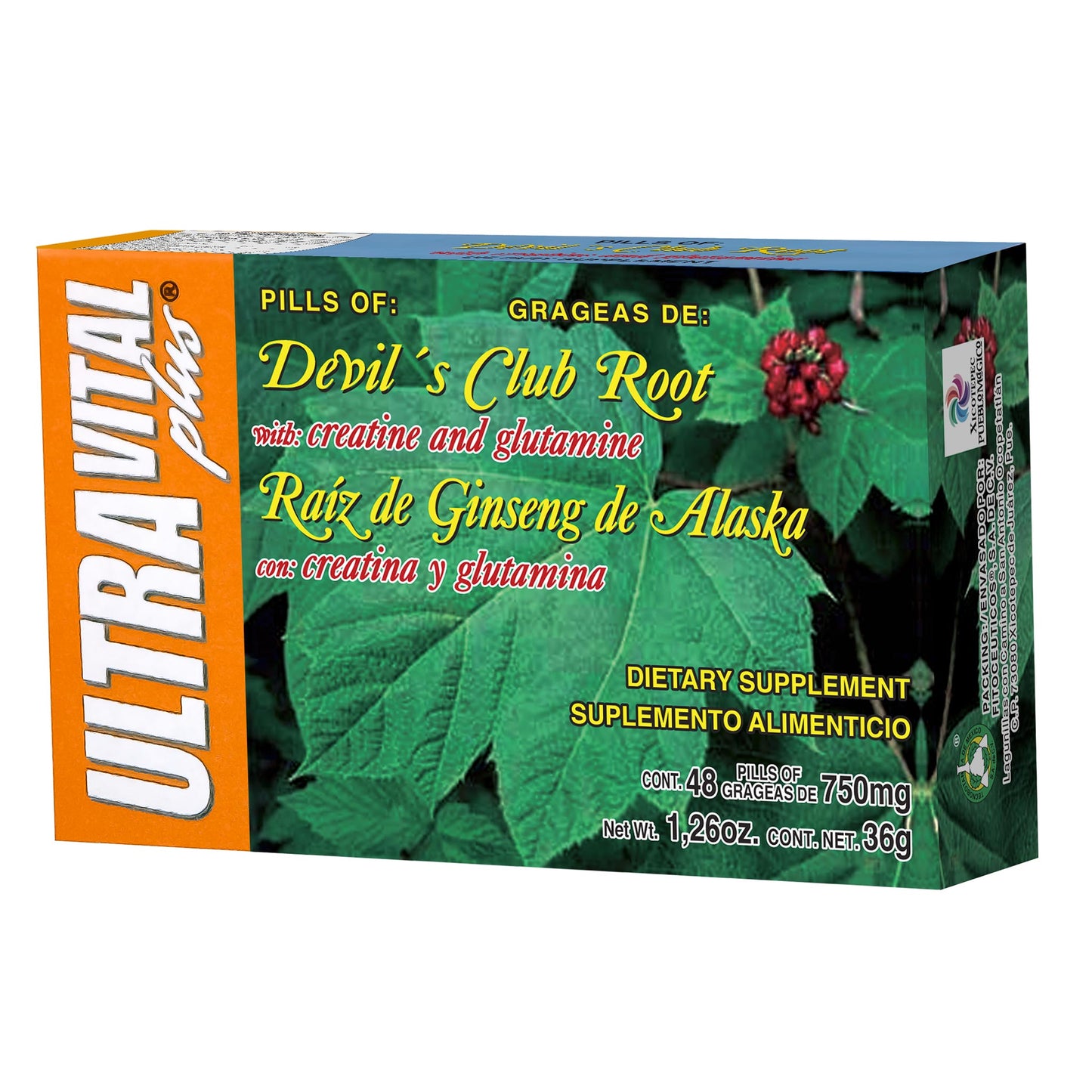 Grageas ULTRAVITAL PLUS ® raíz de ginseng de alaska creatina y glutamina caja blister 48