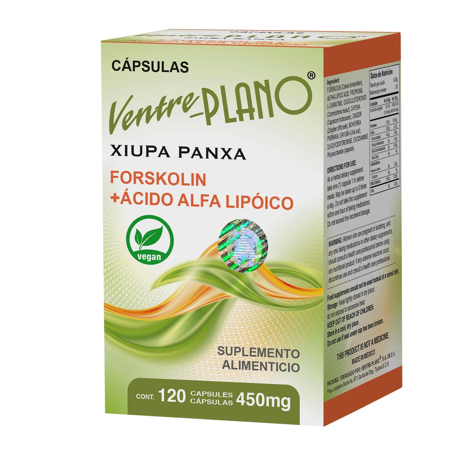 Cápsulas VENTRE PLANO ® forskolin y ácido alfa lipóico caja frasco 120