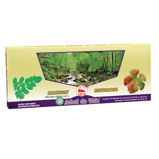 Ampolletas ingeribles ARBOL DE VIDA ® malunggay y resveratrol 10 frascos de 20ml