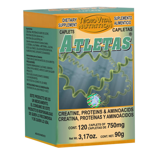Capletas ATLETAS ® creatina, proteínas y aminoácidos caja frasco 120