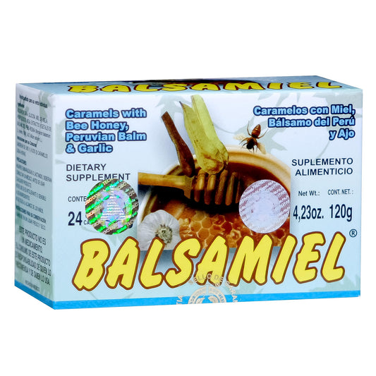 Caramelos BALSAMIEL ® miel, bálsamo del perú y ajo caja 24pz