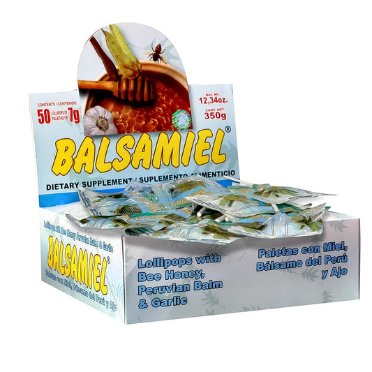 Paletas BALSAMIEL ® miel, bálsamo del perú y ajo caja 50pz