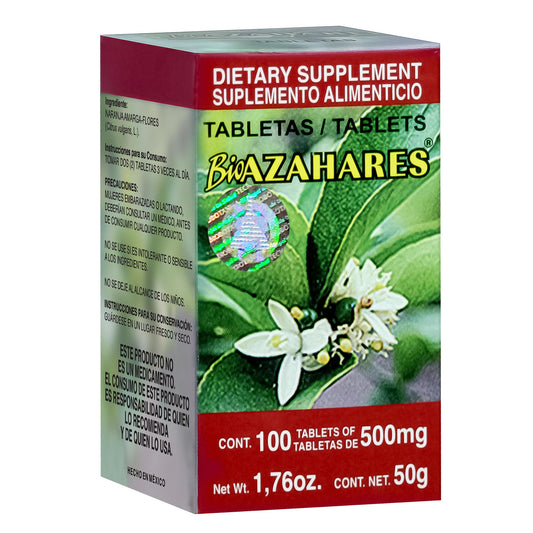 Tabletas BIOAZAHARES ® flor de naranja amarga caja frasco 100