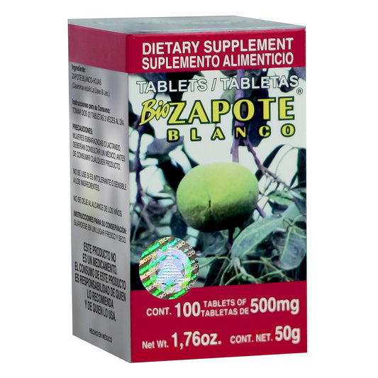 Tabletas BIOZAPOTE BLANCO ® hojas de zapote blanco caja frasco 100