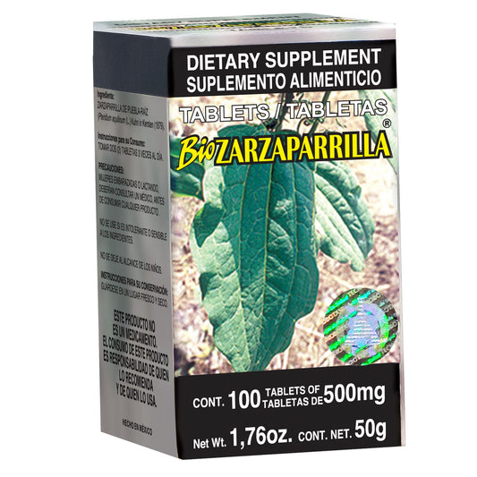 Tabletas BIOZARZAPARRILLA ® raíz de zarzaparrilla de puebla caja frasco 100
