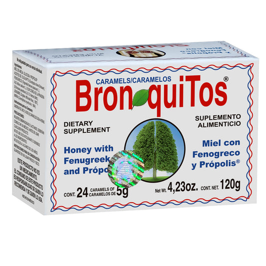 Caramelos BRONQUITOS ® miel de abeja, eucalipto y semilla de fenogreco caja 24pz