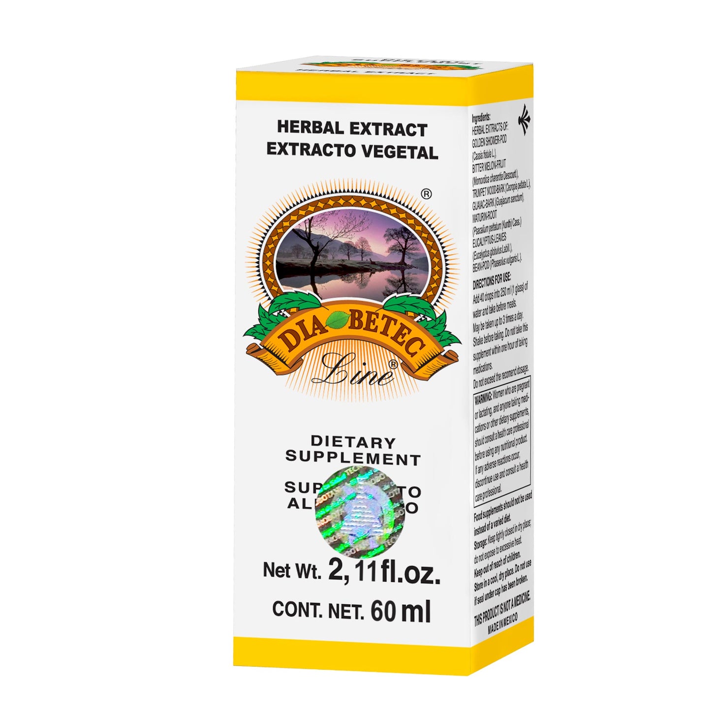 Extracto vegetal DIABETEC LINE ® vainas de caña fistula, guayacán y matarique caja frasco gotero 60ml