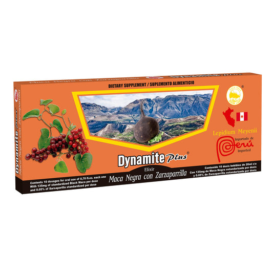 Ampolletas ingeribles DYNAMITEPLUS ® maca negra y zarzaparrilla 10 frascos de 20ml