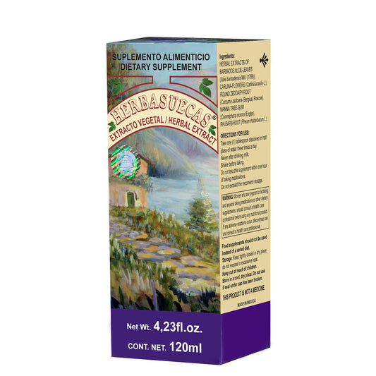 Extracto vegetal HERBASUECAS ® hojas de sábila y raíz de rapóntico caja frasco 120ml