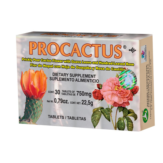 Tabletas PROCACTUS ® flor de nopal y rosa de castilla caja blister 30