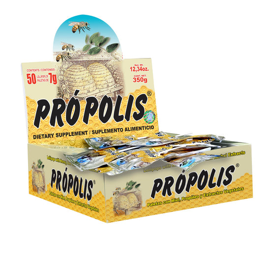 Paletas PROPOLIS ® miel, propóleo y extractos vegetales caja 50pz