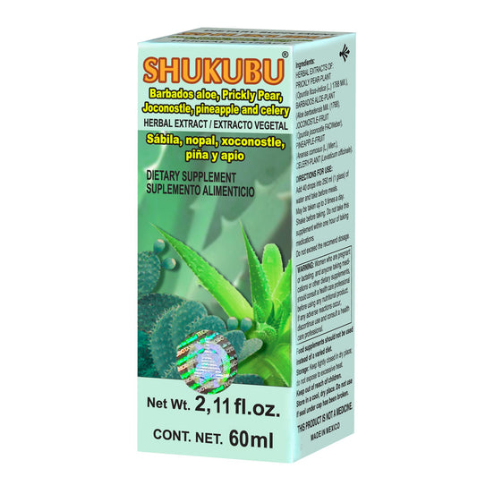 Extracto vegetal SHUKUBU ® sábila, nopal, xoostle, piña y apio caja frasco gotero 60ml