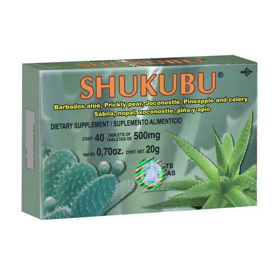 Tabletas SHUKUBU ® sábila, nopal, xoostle, piña y apio caja blister 40