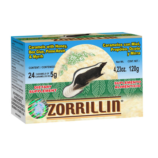 Caramelos ZORRILLIN ® miel, propóleo, ocote y mirra caja 24pz