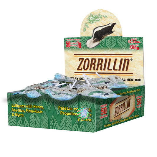 Paletas ZORRILLIN ® miel, propóleo, ocote y mirra caja 50pz